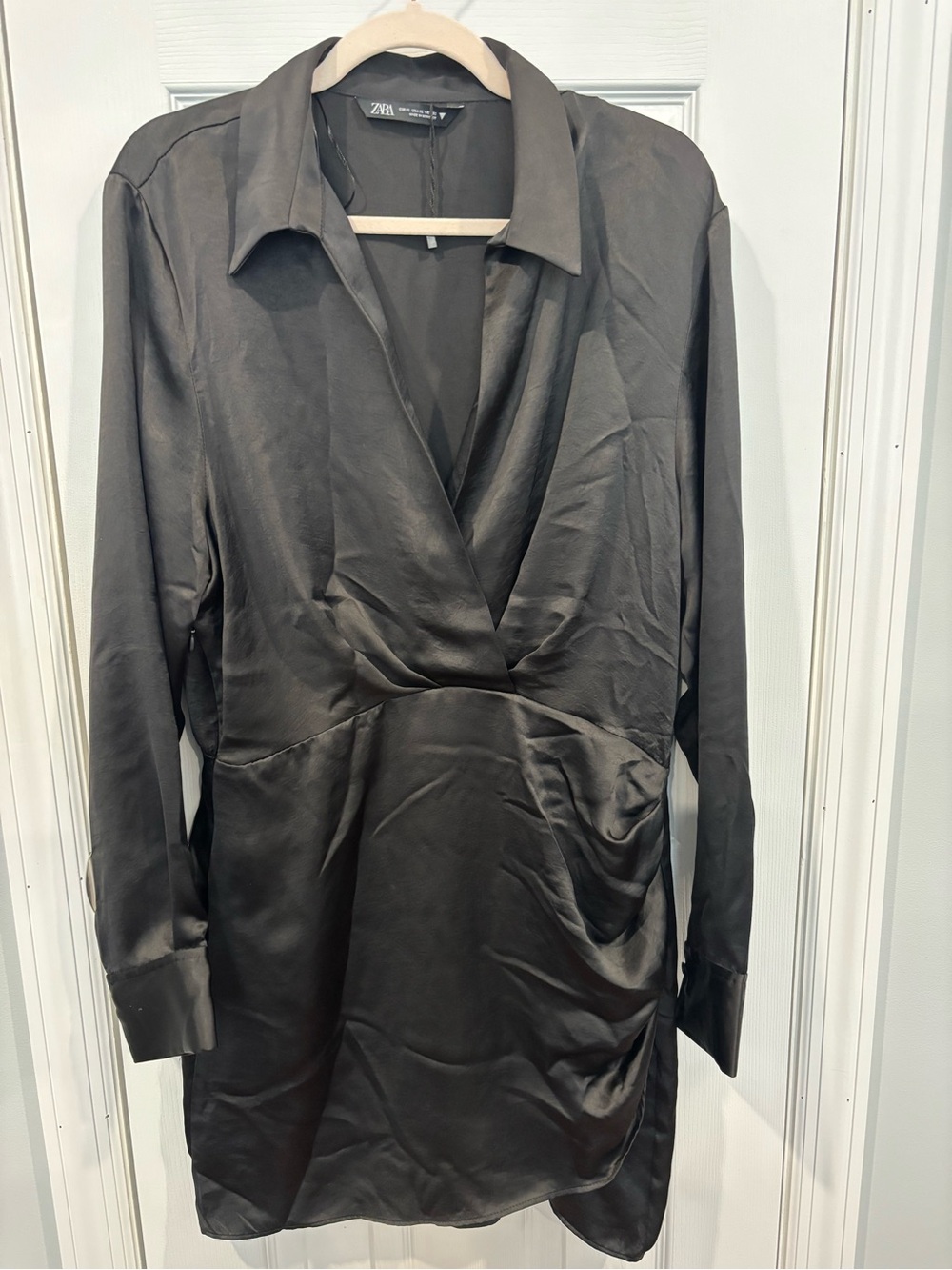 Zara Black Satin Long-Sleeve Wrap Dress